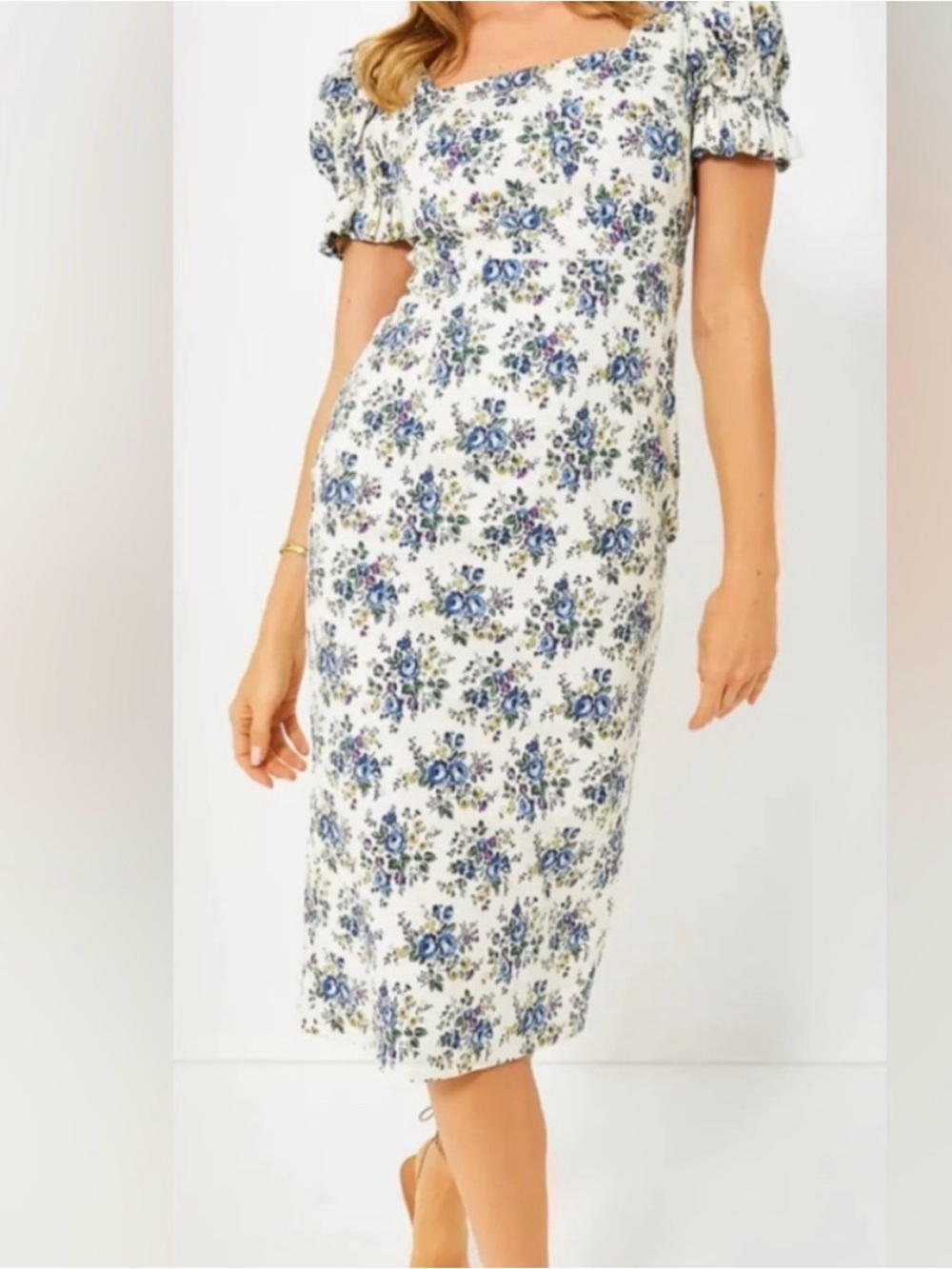Floral Square-Neck Midi Dress in White and Blue
